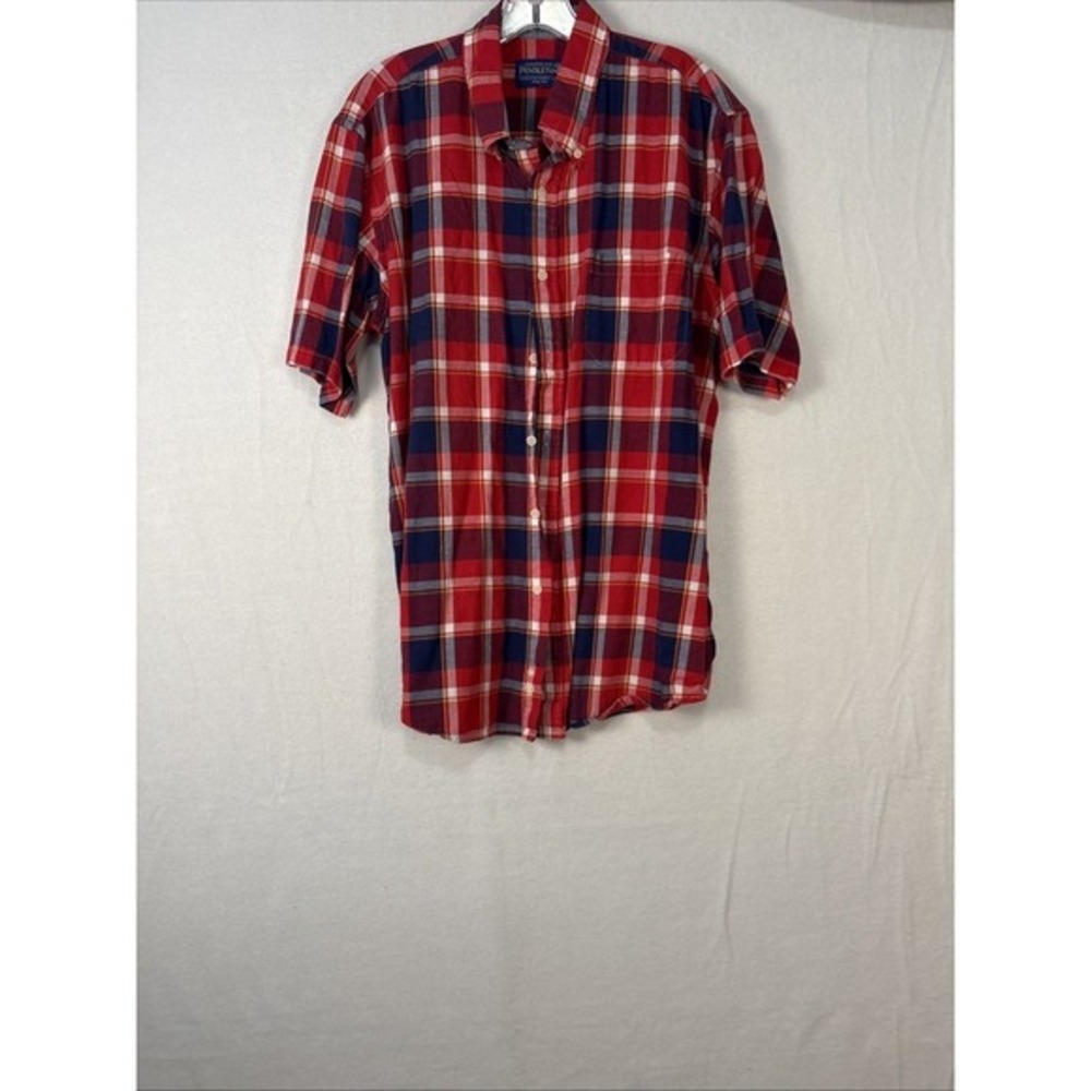 Pendleton Shirt Mens large Red Plaid Short Sleeve Surf Indian Madras K1290